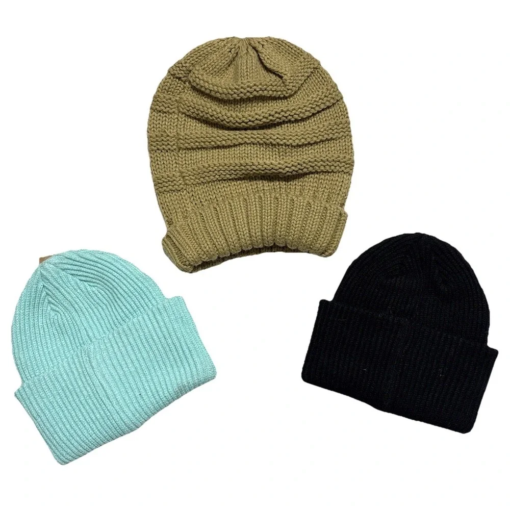 Lot‎ (3) CC Beanies Knit Hats Black Mint Tan Ski Snow Winter Chunky